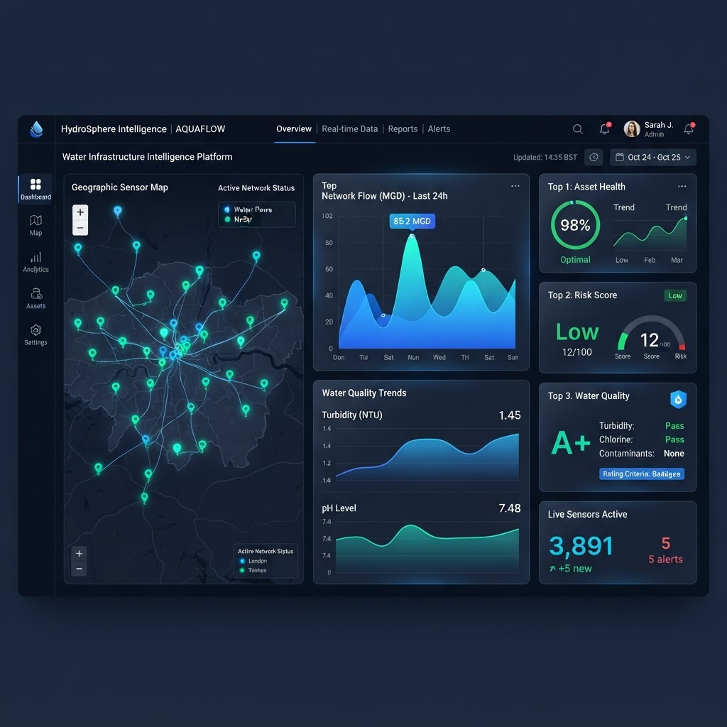 WAATRACK Ai enterprise dashboard showing sensor map, water quality charts and asset KPIs