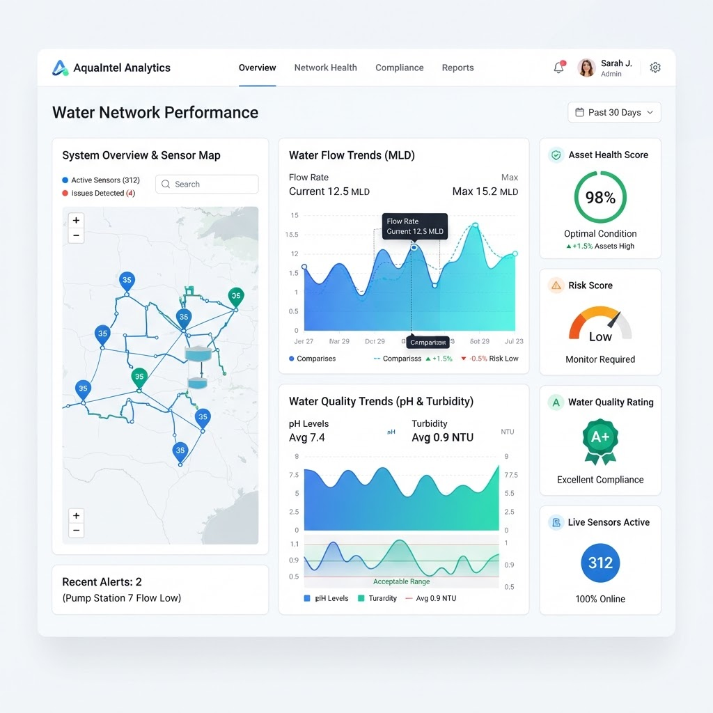 WAATRACK Ai enterprise dashboard showing sensor map, water quality charts and asset KPIs